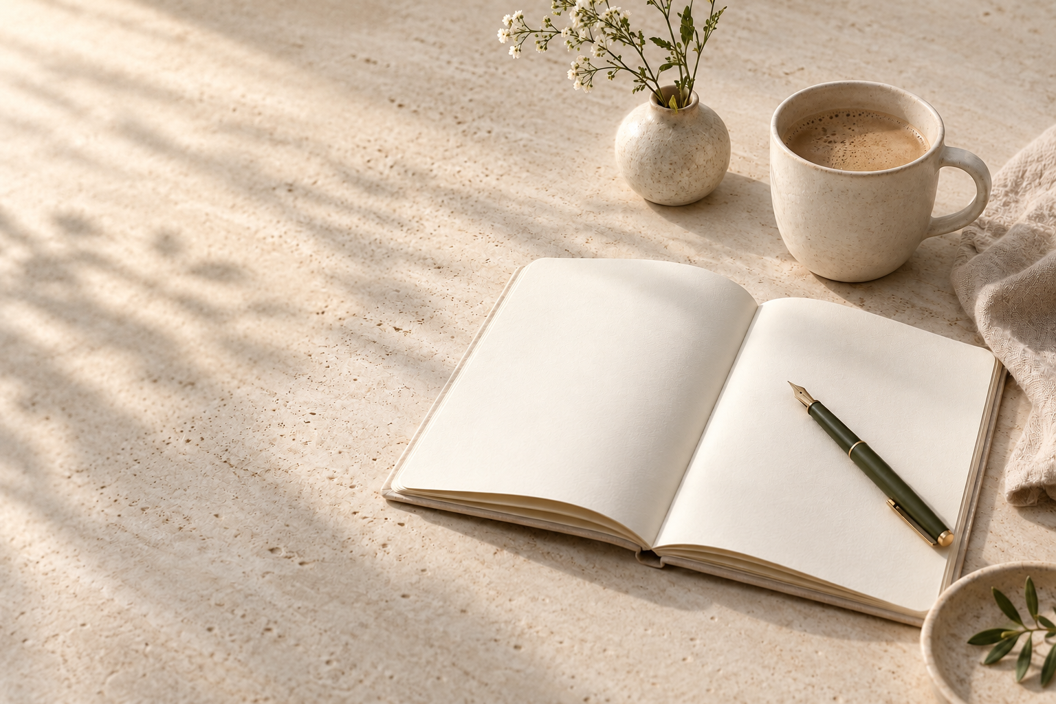 Notizbuch, Blumen und Kaffee auf hellem Naturstein